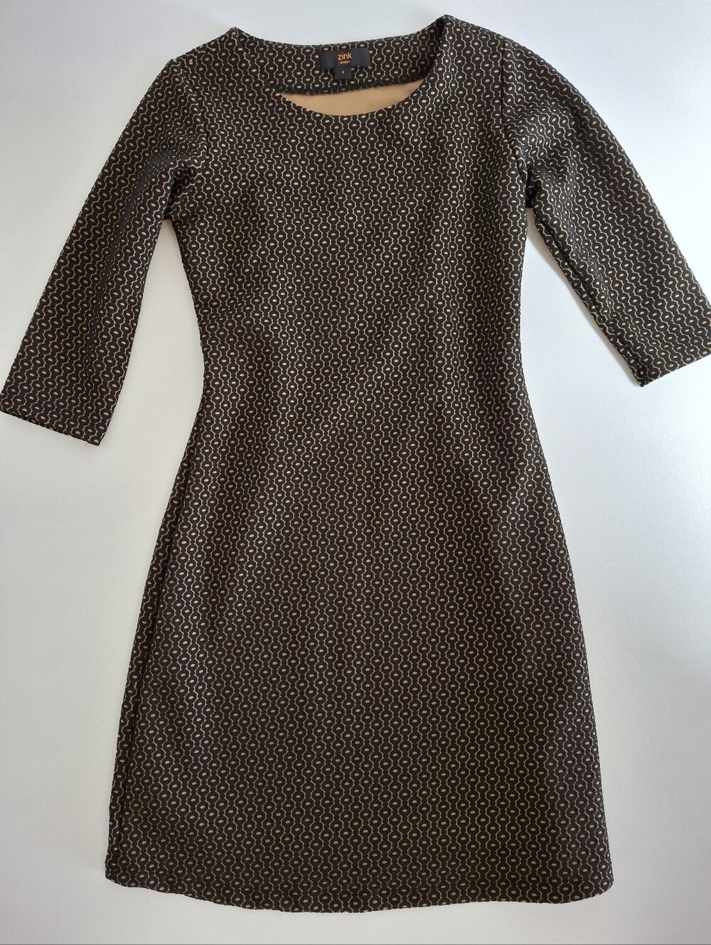 Zink London Classic Brown Patterned Midi Dress with Three-Quarter Sleeves Size S